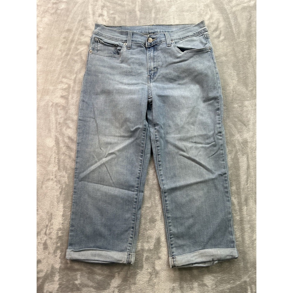 Levis Jeans Womens Sz 28 Light Blue Cuffed Crop Capri Stretch Whiskered Beach